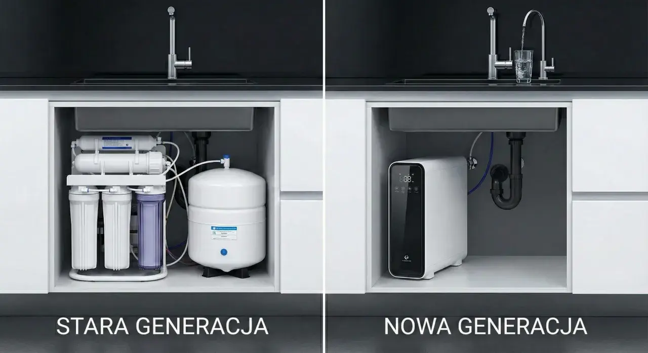 Porównanie systemów filtracji wody: stara generacja z wieloma elementami i nowa, kompaktowa jednostka do oczyszczania wody metodą osmozy.