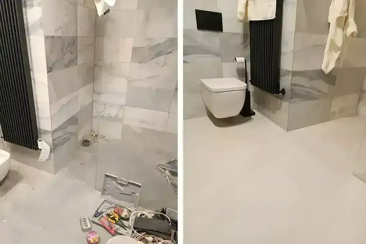 Łazienka po remoncie: nowa podłoga i zamontowana miska WC. Wcześniej widoczne narzędzia do klejenia płytek na płytki.