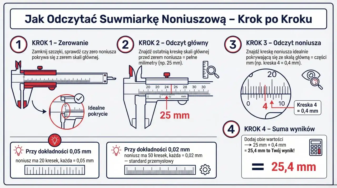 Ilustracja pokazuje, jak mierzyć suwmiarką noniuszową. Krok po kroku wyjaśnia zerowanie, odczyt skali głównej i noniusza, a następnie sumowanie wyników.