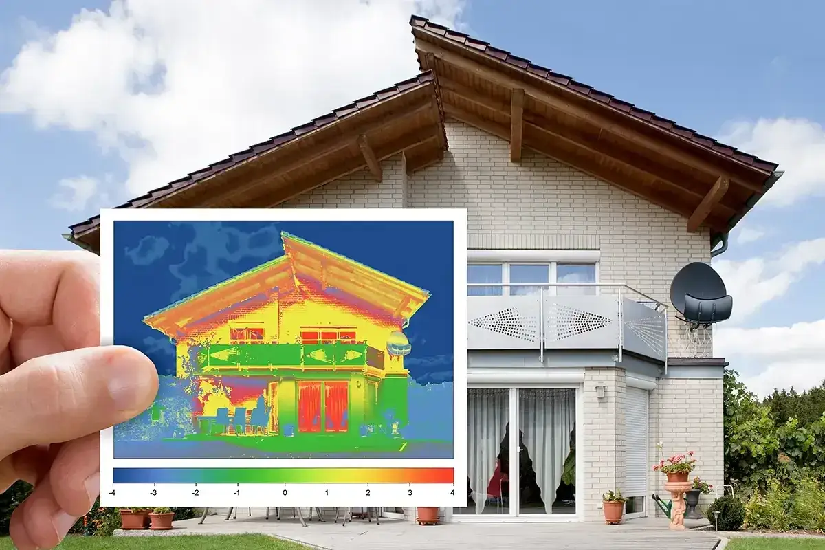 Termowizja pokazuje dom podczas audytu energetycznego. Kolory wskazują rozkład temperatury, pomagając zidentyfikować straty ciepła.