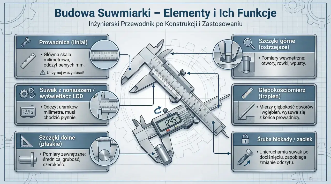 Ilustracja pokazuje budowę suwmiarki, wyjaśniając jak mierzyć suwmiarką. Opisano prowadnicę, suwak z LCD, szczęki górne i dolne, głębokościomierz i śrubę blokady.