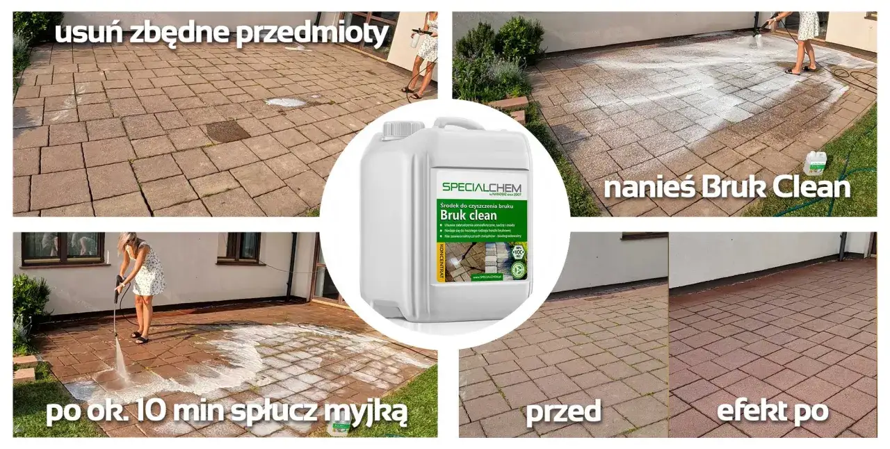 Efektywne mycie kostki brukowej cena? Zobacz, jak środek Bruk Clean usuwa zabrudzenia, przywracając jej dawny blask.