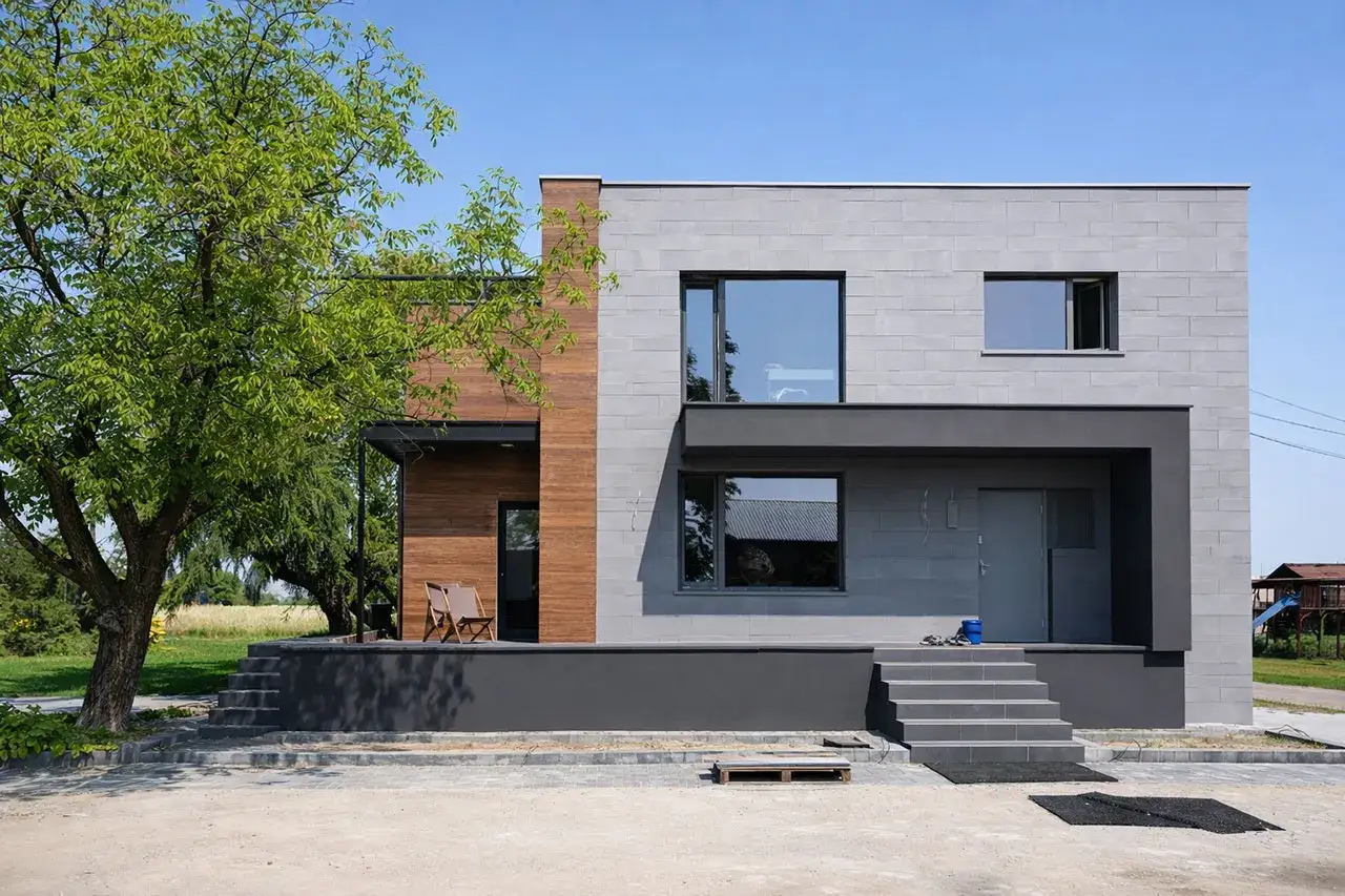 Nowoczesny dom kostka z szarą elewacją z betonu architektonicznego i drewnianymi panelami.
