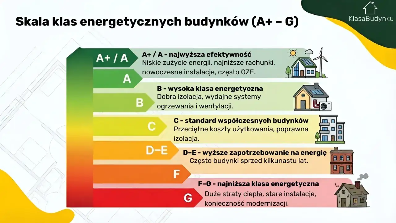 Skala klas energetycznych budynków (A+ - G) od najwyższej efektywności (A+) do najniższej (G), z opisami i ilustracjami.