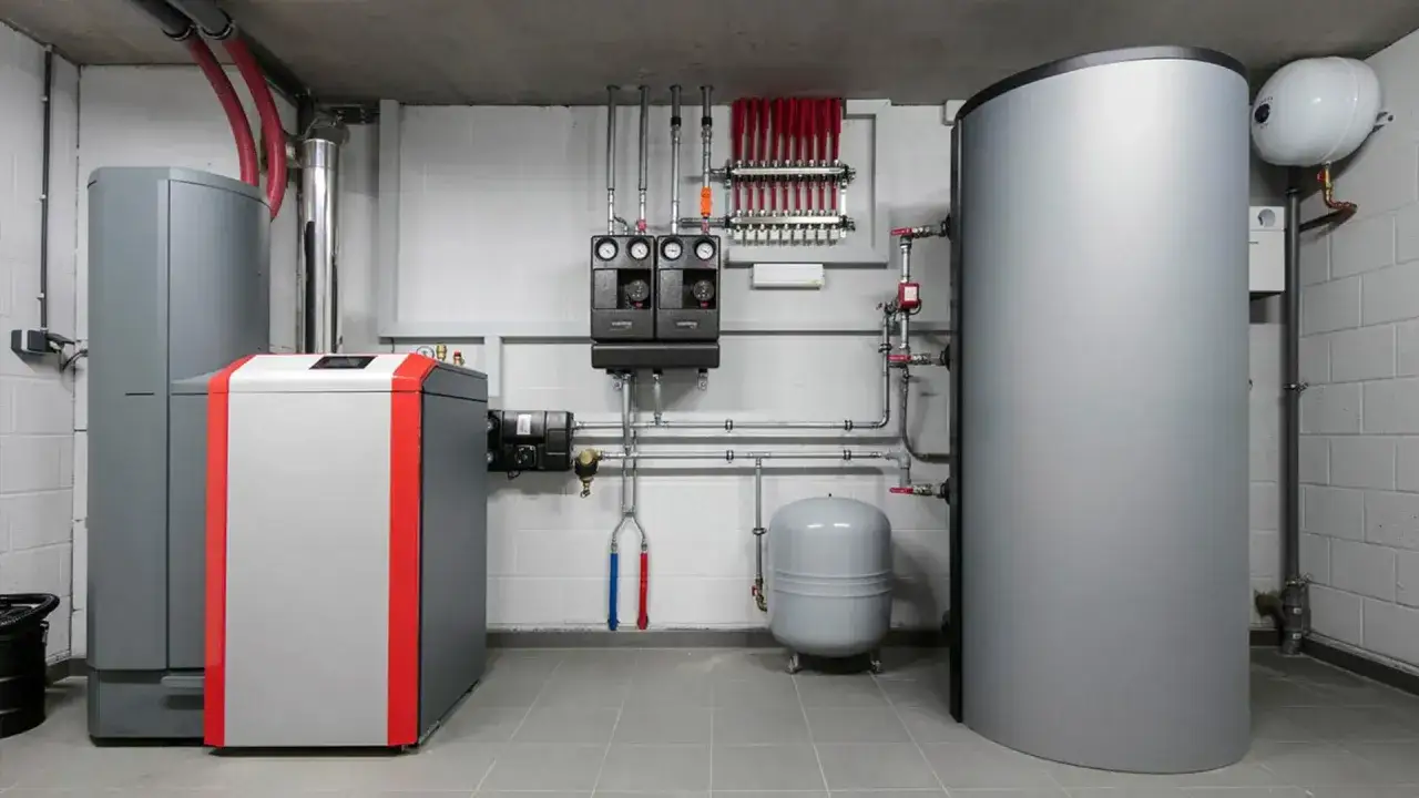 Nowoczesny piec na pellet do domu 120m2, zbiornik na wodę i system ogrzewania.