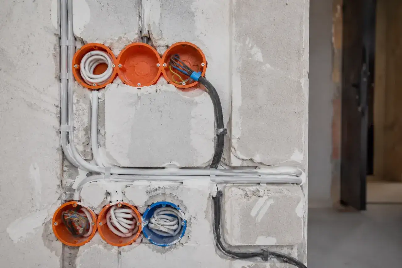 Instalacja elektryczna w trakcie budowy. Widoczne puszki instalacyjne, przewody i rury. Może to być początek przeciążenia, jeśli nie zostanie wykonana prawidłowo.