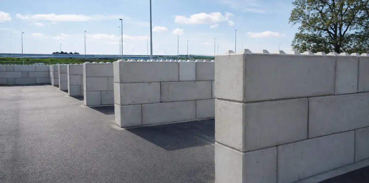 Solidny mur oporowy z bloczków betonowych, tworzący labirynt na tle błękitnego nieba i zieleni.