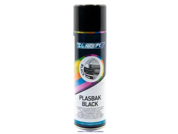 Czarna farba w sprayu Concept Plasbak Black – trwała powłoka do plastiku na zewnątrz.