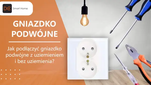 Schemat podłączenia gniazdka podwójnego z uziemieniem i bez. Narzędzia do elektryki i białe gniazdko.