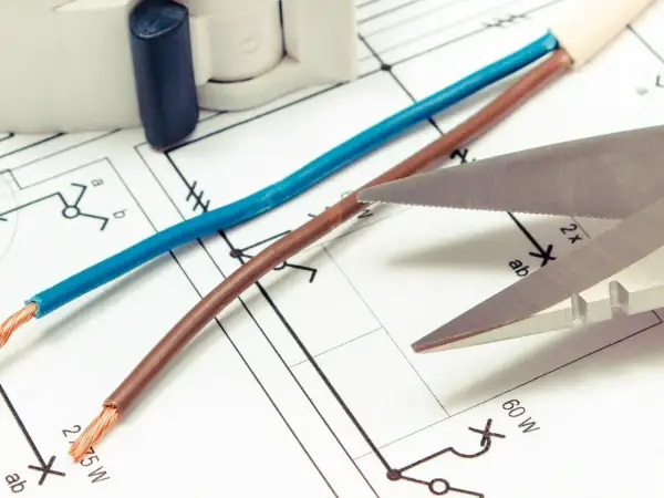 Niebieski i brązowy kabel leżą na schemacie elektrycznym. Czy czerwony kabel to plus czy minus? Nożyczki zbliżają się do przewodów.