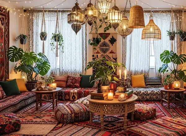 Przytulny salon w stylu etno, pełen roślin, dywanów i orientalnych lamp.