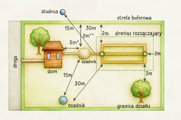 Schemat przydomowej oczyszczalni ścieków. Dofinansowanie do takich inwestycji jest dostępne. Pokazuje dom, osadnik, drenaż rozsączający i odległości od studni.