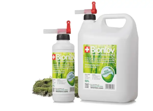 Dwa opakowania ekologicznego paliwa do biokominka Bionlov, jedno 10L, drugie 5L, z zielonym logo "Eco Friendly".
