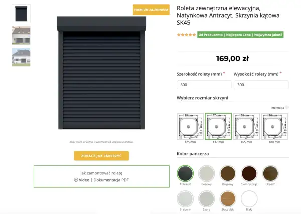 Roleta zewnętrzna antracytowa, cena za m2. Wybierz wymiary i kolor pancerza. Dostępne różne rozmiary skrzyń.