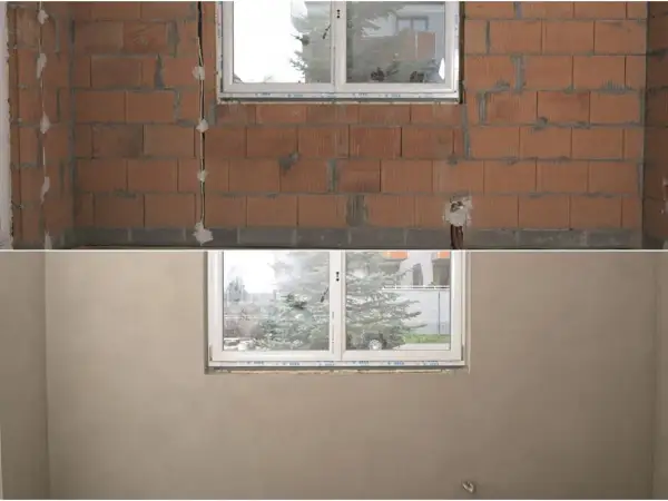 Przed i po: ściana z pustaków ceramicznych z instalacją, a następnie gładka, gotowa do malowania dzięki nałożeniu tynku na ścianę.