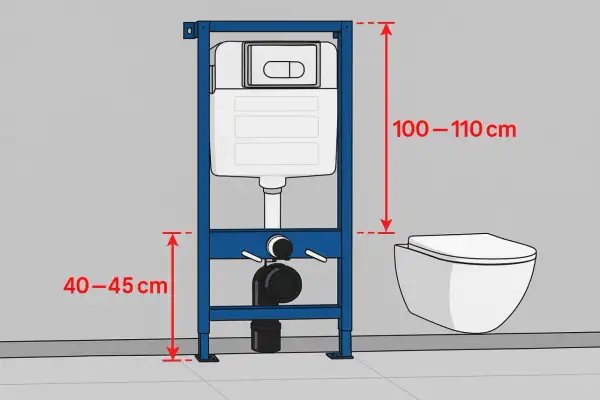 Schemat instalacji podtynkowej: stelaż do WC (100-110 cm wysokości) i miska wisząca (40-45 cm od podłogi). Biały montaż.