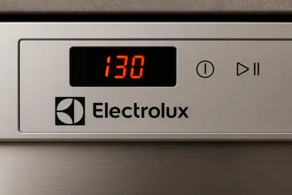 Zmywarka Electrolux wyświetla błąd i30. Czerwony wyświetlacz pokazuje kod 130, sygnalizując problem.