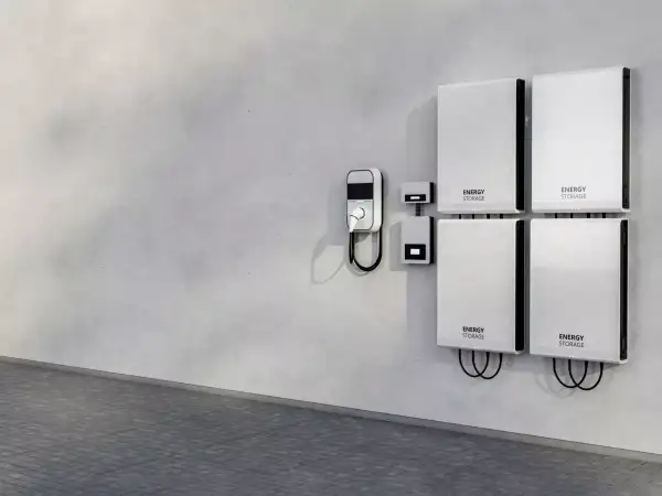Cztery białe magazyny energii na ścianie, obok ładowarka do pojazdów elektrycznych. Zastanawiasz się, magazyn energii 5 kw na ile wystarczy?