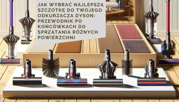 Różne ssawki do odkurzacza Dyson prezentują się obok próbek dywanów.