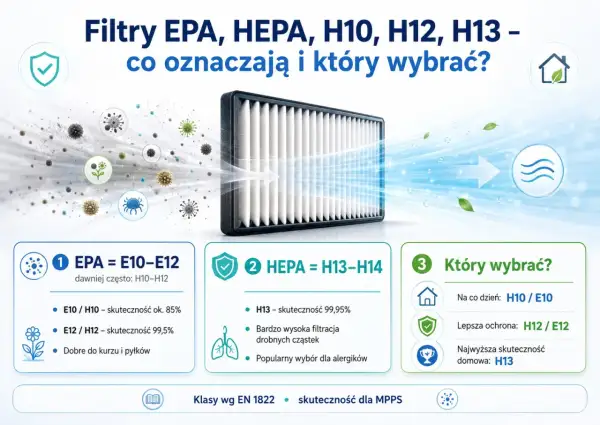 Porównanie filtrów EPA i HEPA. HEPA H13 zatrzymuje 99,95% zanieczyszczeń, idealny dla alergików.