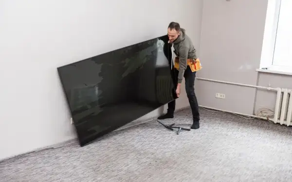 Mężczyzna z pasem narzędziowym przy ścianie trzyma duży, czarny telewizor, zastanawiając się, na jakiej wysokości telewizor będzie najlepiej wyglądał.