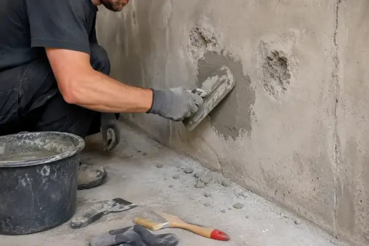 Ręce w rękawiczkach nakładają masę naprawczą na uszkodzoną ścianę za pomocą kielni. Obok wiadro z zaprawą i narzędzia.